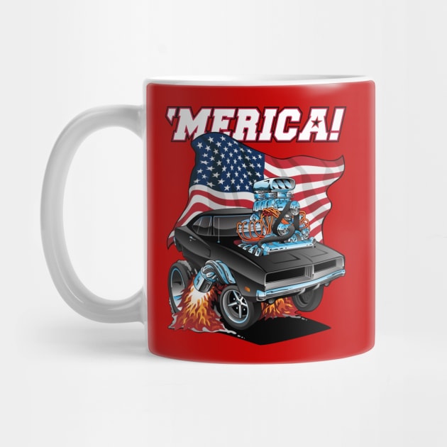 Merica Patriotic Classic Hot Rod Muscle Car USA Flag Cartoon by hobrath